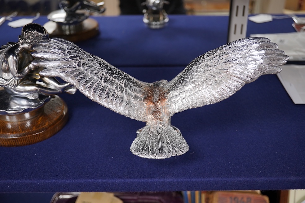 Two chrome car mascots, one in the form of an eagle stamped Finnigans London, wingspan 26cm, and the other of a classical child writing, mounted on a substantial radiator cap and oak base. Condition - fair to good, some